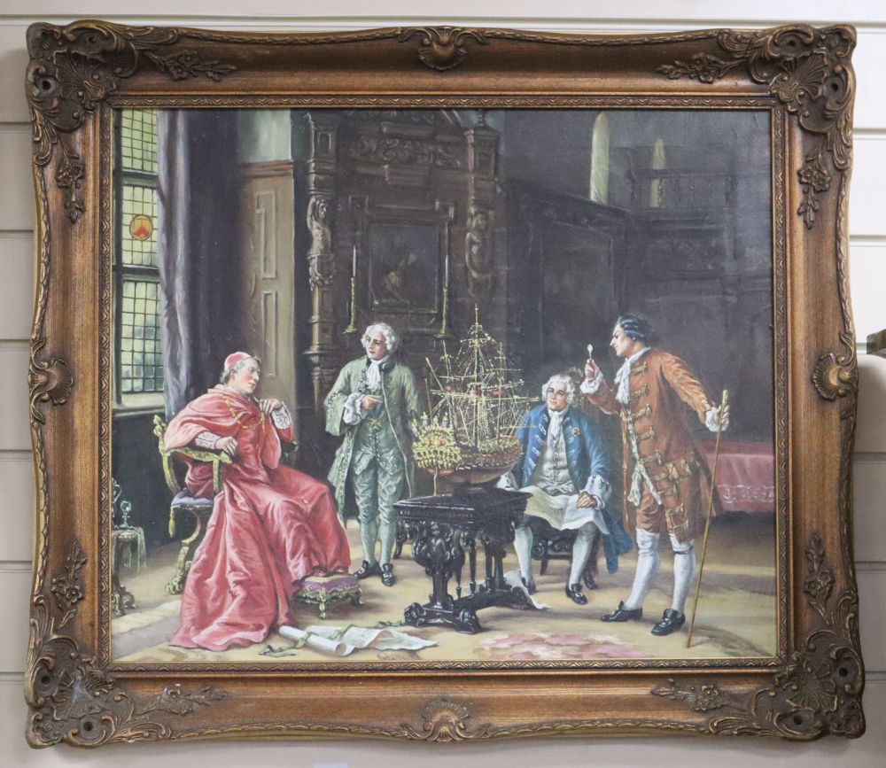 English School, oil on canvas, Cardinal and attendants examing a model galleon, 50 x 60cm